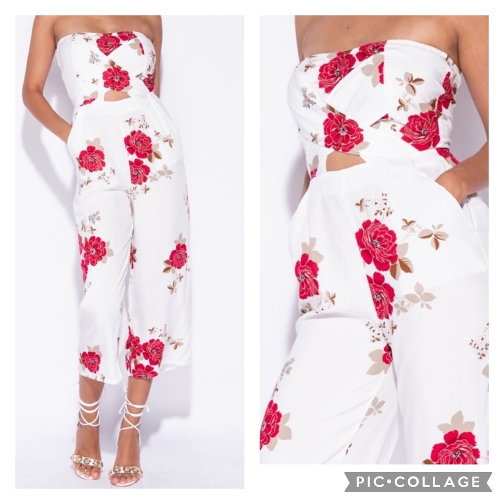 Strapless Floral Cut Out Cropped Jumpsuit with Pockets
